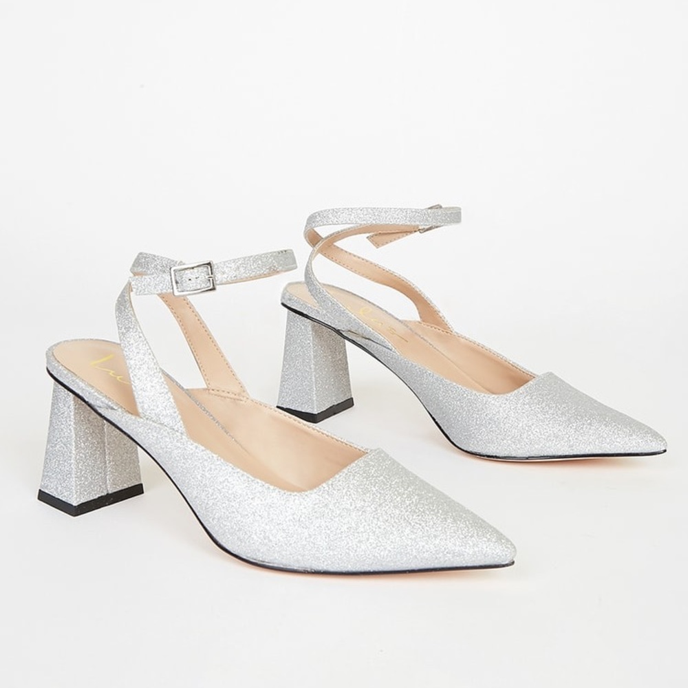 Annais Silver Glitter Pointed-Toe Ankle Strap Pump